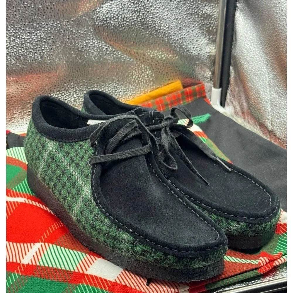 Clarks Originals Wallabee Shoes Mens 10 Green Wool Houndstooth‎ Plaid Tweed